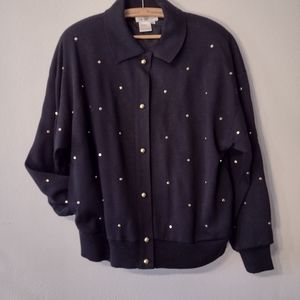 Gold studded VTG knit bomber jacket size medium shoulder pads button down 80s